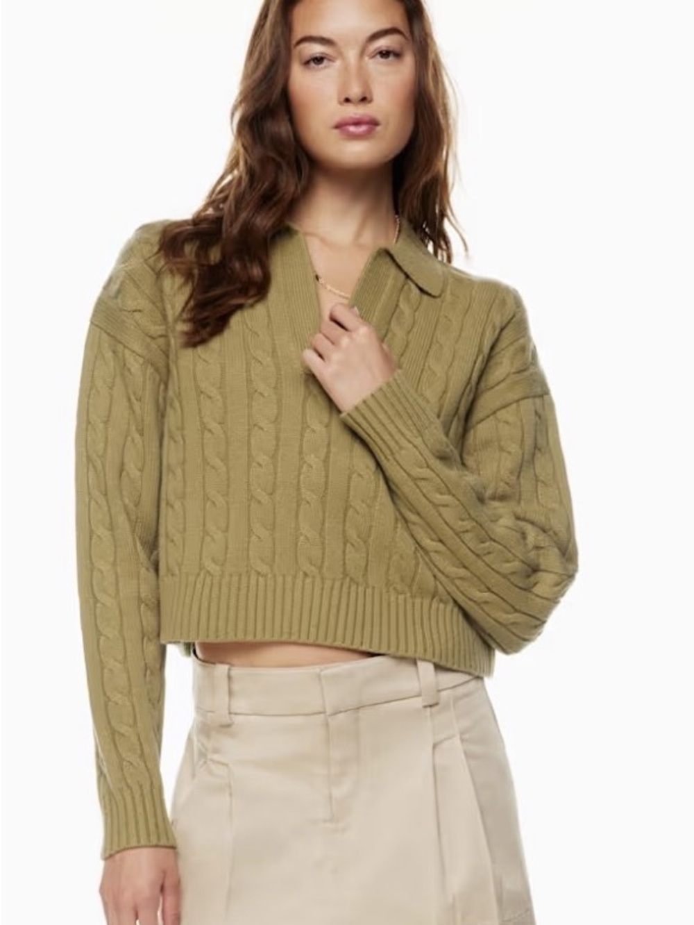 Sunday Best Bronzed Ocher Brown Cable V-Neck Polo Sweater - Lottie Sweater